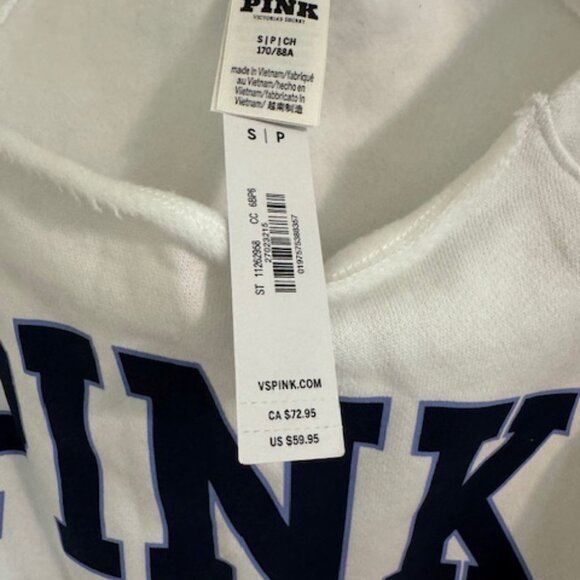 Victoria's Secret PINK Varsity Off-the-Shoulder Sweatshirt in White w/Blue Logo - Picture 3 of 7